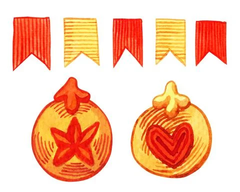 Set of bright New Year's elements, watercolor drawings in vector format. Stock Illustration