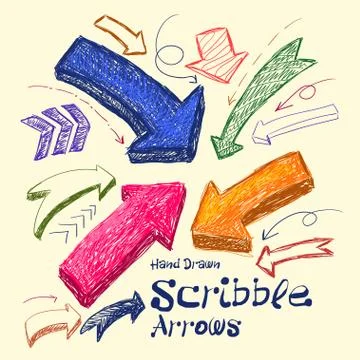 Set of bright scribble arrows hand-drawn on a light background. Vector Stock Illustration