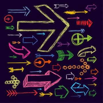 Set of bright scribble arrows hand-drawn on a dark background. Vector Stock Illustration