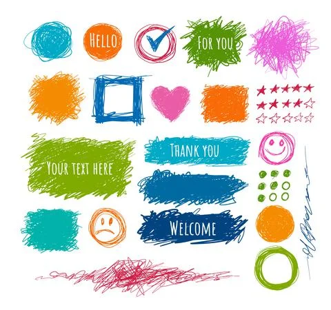 Set of bright scribble elements with place for your text on white background. Stock Illustration