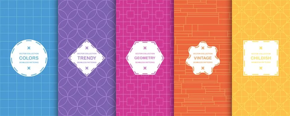 Set of bright seamless geometric patterns - colorful design. Vector creative Illustrazione stock