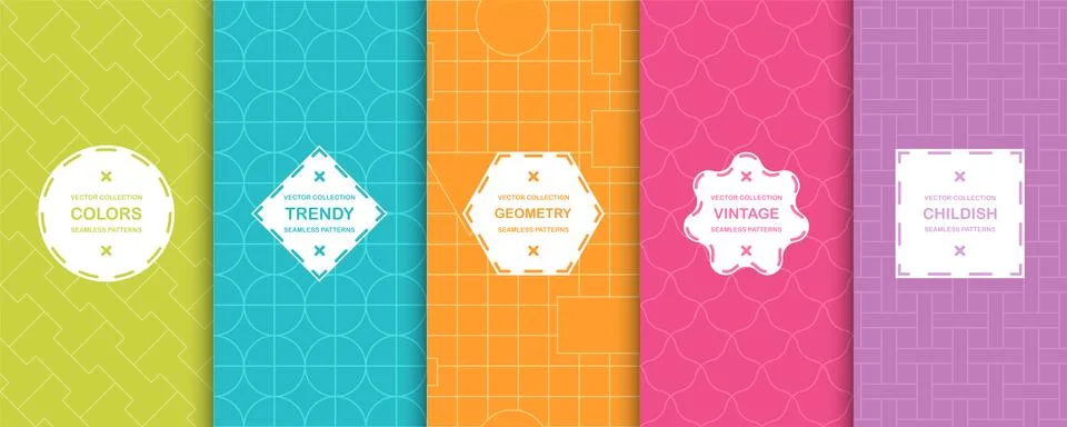 Set of bright seamless geometric patterns - colorful design. Vector creative Stockillustratie