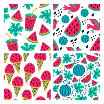 Set of bright seamless patterns with images of watermelons, birds and leave.. Stock Illustration