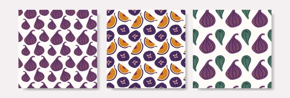 Set of bright seamless summer patterns featuring whole figs, half slices and  Stock Illustration