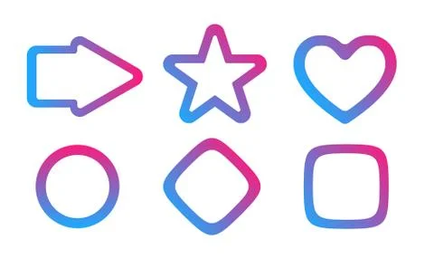Set of bright simple shapes colored with vibrant gradient. Star, heart, arrow Stock Illustration