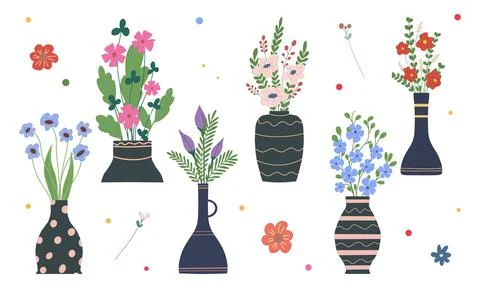 Set of bright spring blooming flowers in vases and bottles isolated on a whit Stock Illustration