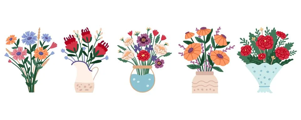 Set of bright spring blooming flowers in vases and bottles isolated Stock Illustration