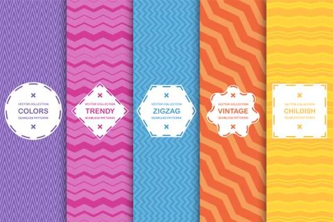 Set of bright striped seamless patterns. Vector zigzag texture. Colorful stylish Stock Illustration