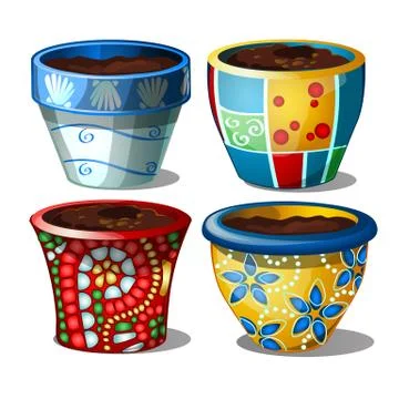 Set of bright stylish ceramic flower pots isolated on white background. Vector Stock Illustration