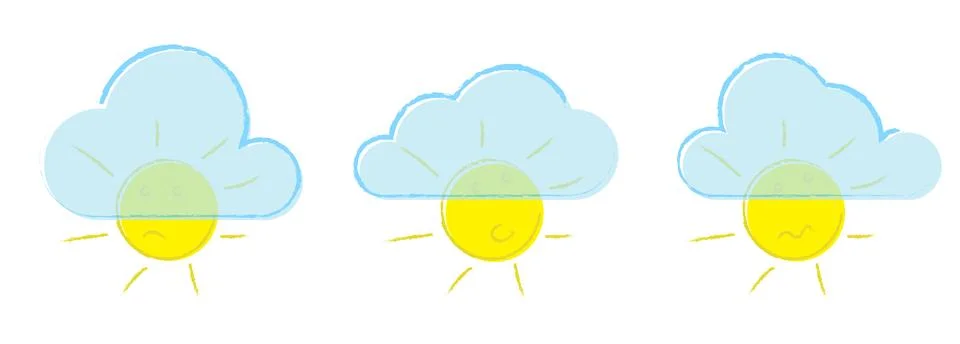 Set bright summer sun with different emotions closed by clouds, hand-drawn Illustrazione stock
