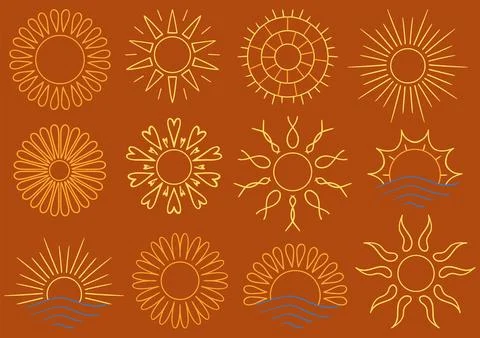 Set of bright sun icons. Perfect for weather apps, summer themes Stock Illustration