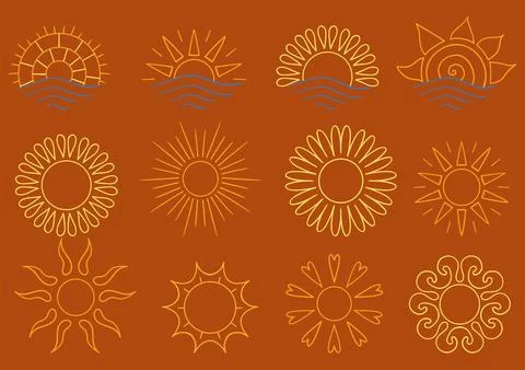 Set of bright sun icons. Perfect for weather apps, summer themes Stock Illustration