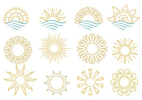 Set of bright sun icons. Perfect for weather apps, summer themes Stock Illustration