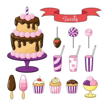 Set of bright sweets and objects. Cake with chocolate icing, small cakes and  Stock Illustration