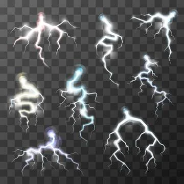 Set of bright thunderbolts on transparent background Stock Illustration