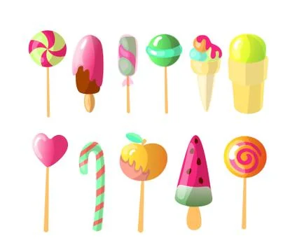 Set of bright vector candies, Ice creams Set of colorful lollipops and Ice-cream Illustrazione stock