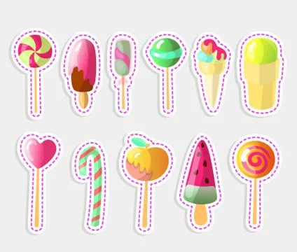 Set of bright vector candies, Ice creams Set of colorful lollipops and Ice-cream Stock Illustration