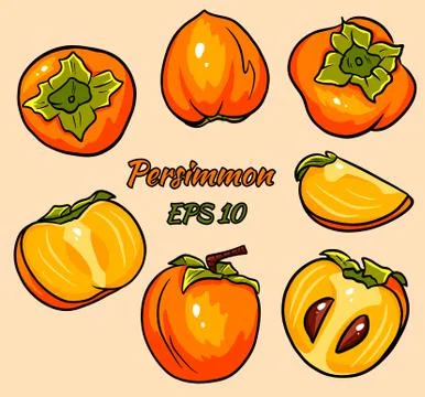 Set of bright vector drawings of persimmon. Stock Illustration