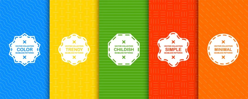 Set of bright vector seamless geometric patterns - minimalistic design. Colorful 스톡 일러스트