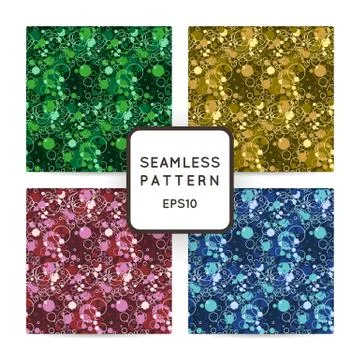 Set of bright vector seamless pattern of chaotic circles and rings. Stockillustratie