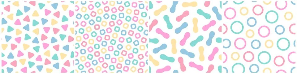 Set of bright vector seamless patterns with colorful mosaic shapes. Trendy Illustrazione stock