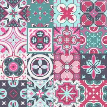 Set of bright vector tiles with ornament to create patterns. 스톡 일러스트
