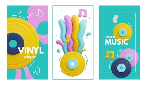 Set of bright vertical flyers about retro music 3D style, vector illustration Stock Illustration
