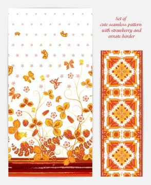 Set of Bright vertical seamless pattern with a orange strawberry, leaves flowers Stock Illustration