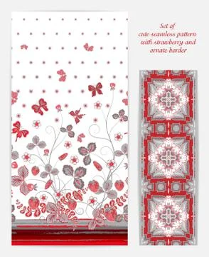 Set of Bright vertical seamless pattern with a red gray strawberry, leaves Stock Illustration
