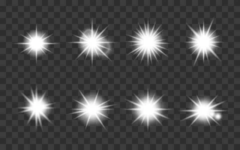 Set of Bright White Light Bursts on Transparent Background. Illustrazione stock