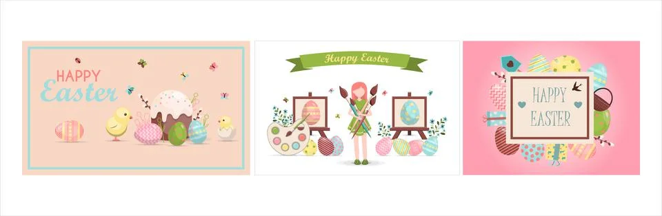 A set of brightly, colorful easter banners with eggs. Vector illustration with a Stock Illustration