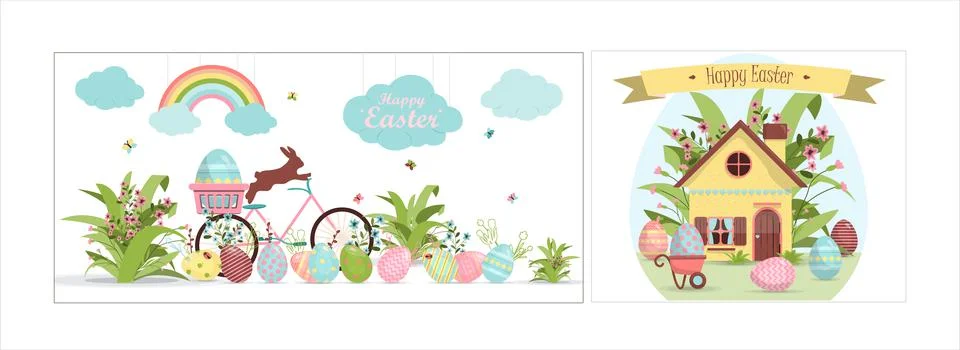 A set of brightly, colorful easter banners with eggs. Vector illustration with Stock Illustration