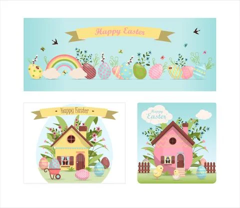 A set of brightly, colorful easter banners with eggs. Vector illustration with Stock Illustration