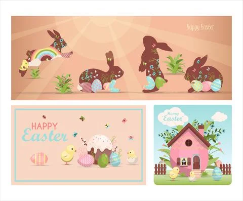 A set of brightly, colorful easter banners with eggs. Vector illustration with Stock Illustration