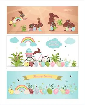 A set of brightly, colorful easter banners with eggs. Vector illustration with a Stock Illustration