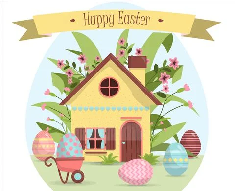 A set of brightly painted Easter eggs and a cute little house in flowers. Vector Stock Illustration