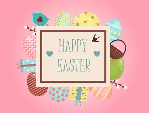 A set of brightly painted Easter eggs. Vector illustration with a happy Easter Stock Illustration