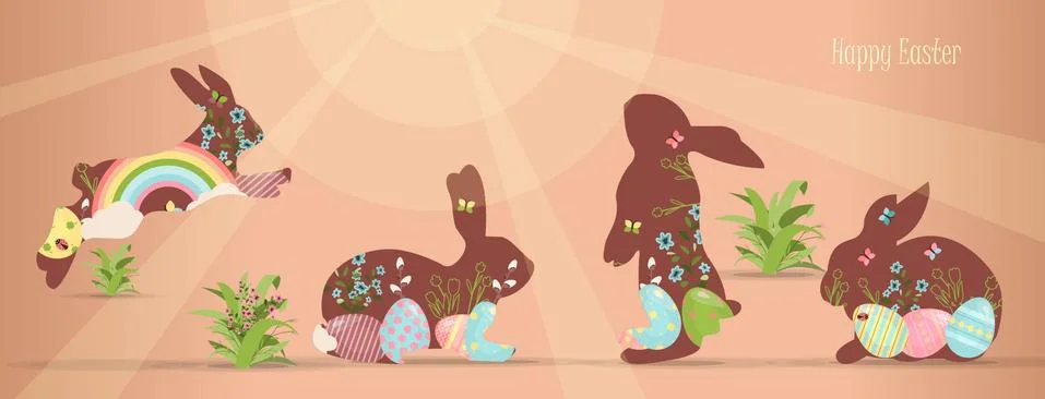 A set of brightly painted Easter eggs and bunnies. Vector illustration with a Stock Illustration