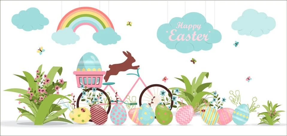 A set of brightly painted Easter eggs and bunnies. Vector illustration with a Stock Illustration