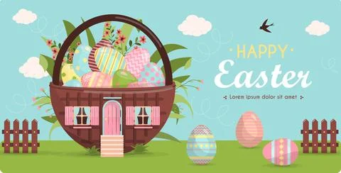A set of brightly painted Easter eggs and a cute little house in flowers. Vector Stock Illustration