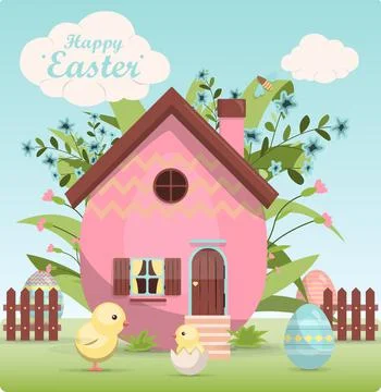 A set of brightly painted Easter eggs and a cute little house in flowers. Vector Stock Illustration