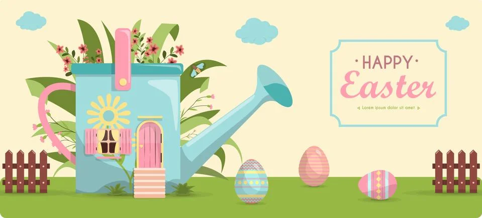 A set of brightly painted Easter eggs and a cute little house in flowers. Vector Stock Illustration
