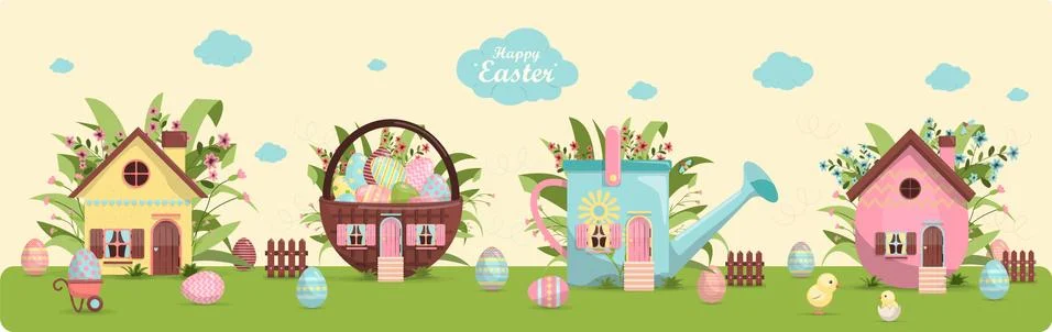 A set of brightly painted Easter eggs and a cute little house in flowers. Vector Stock Illustration