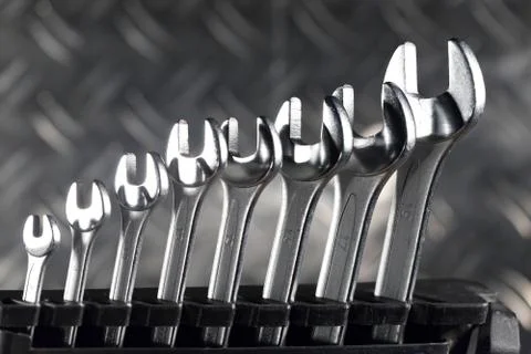 Set of brilliant nut keys of different sizes on support.. Stock Photos