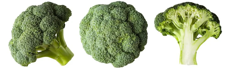 Set of broccoli. Broccoli side view, top view, cut in half Stock Photos