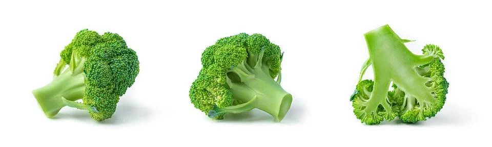 A set of broccoli in different angles is isolated on a white background. Stock Photos
