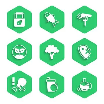 Set Broccoli, Fresh smoothie, Bottle of olive oil, No meat, chicken leg, Spro Stock Illustration