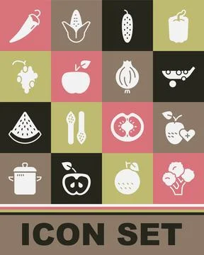Set Broccoli, Healthy fruit, Peas, Cucumber, Apple, Grape, Hot chili pepper and Stock Illustration