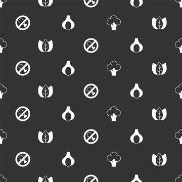 Set Broccoli, Leaf or leaves, No meat and Garlic on seamless pattern. Vector Illustrazione stock