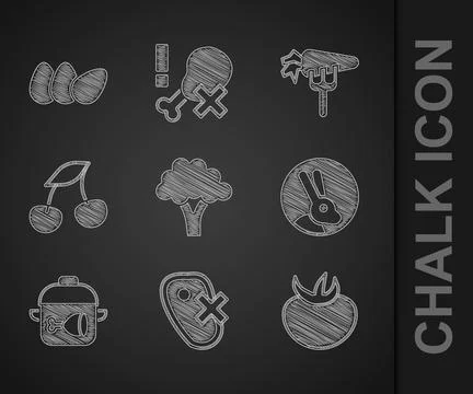 Set Broccoli, No meat, Tomato, Rabbit, Cooking pot and chicken leg, Fresh b.. Stock Illustration